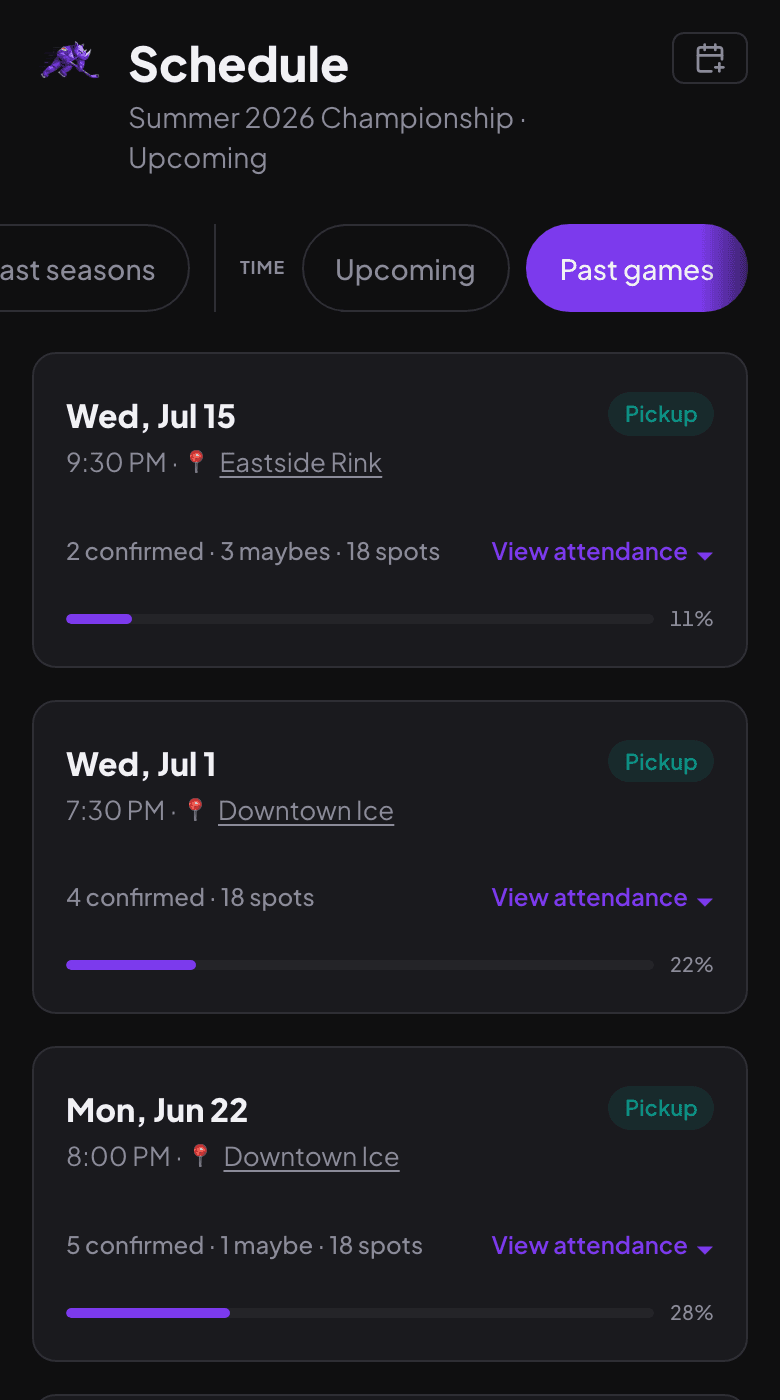 The Proud Line schedule screen showing three games with RSVP counts and confirmed spots
